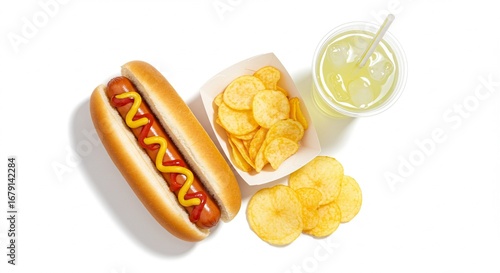 Classic American hot dog with bright yellow mustard, golden crispy potato chips, and a refreshing cold drink, presented as a satisfying quick meal on a clean white background