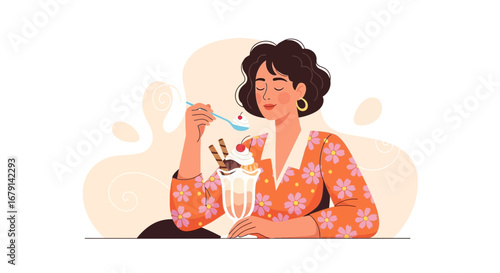 Woman Savoring Delicious Sundae Treat, Illustrated Presentation for Dessert Delight