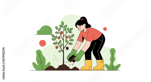 Woman Planting Seedling Embracing Earth, Cultivating Natural Beauty, and Growing Sustainable Life