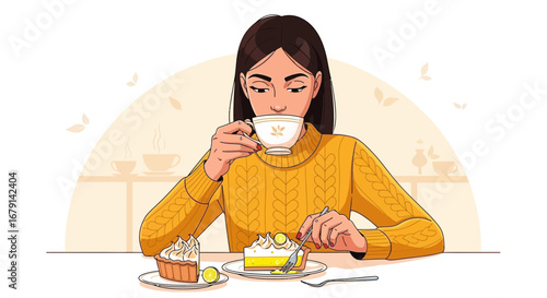 Woman Savoring Tea And Cake: An Appealing And Illustrative Scene Depicted With Charm