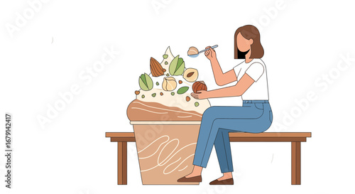 Woman Savoring Sweet Creation: Nutty Ice Cream Indulgence On Wooden Bench