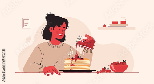 Woman Pouring Berry Sauce on Stack of Pancakes Ready for Delicious Morning Delight
