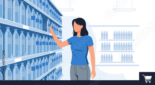 Woman selecting bottled water at the supermarket, shopping for beverages at grocery store