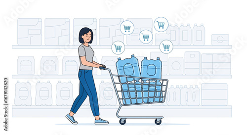 Woman Selecting And Purchasing Large Containers Of Water Inside Of A Supermarket