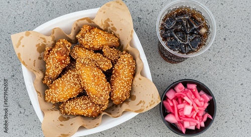 Deliciously crispy chicken wings coated in sesame seeds served with pickled red onions and a fizzy drink