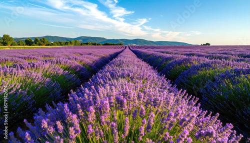 Vibrant Purple Lavender Field Under a Spring Sky