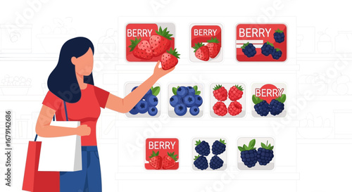 Woman Selecting Fresh Berries at Grocery Store, Healthy Eating and Shopping Concepts