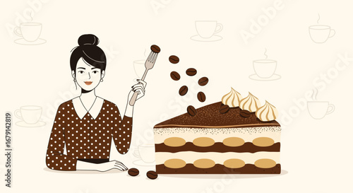 Woman Serving Coffee Cake With Coffee Beans And Decorative Cream, Delicious Tiramisu Piece