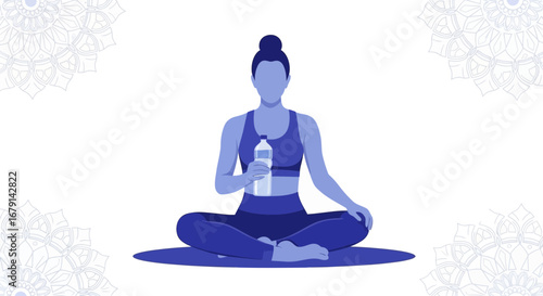 Woman Practices Yoga, Holding Water Bottle, Resting in a Relaxing Meditation Position.