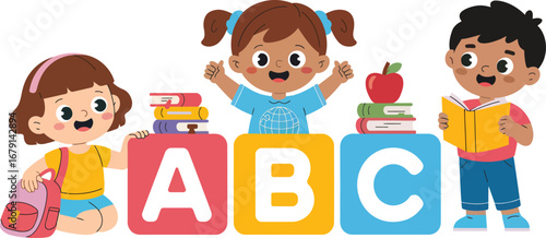 Happy Diverse Children Learning with ABC Blocks, Books, and School Supplies ? Colorful Educational Vector for Preschool and Early Childhood Themes