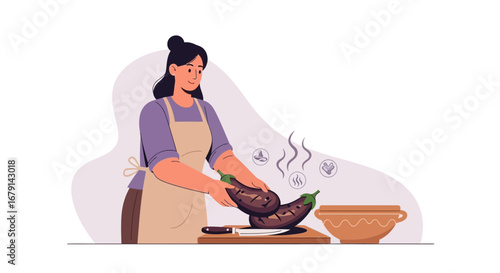 Woman Prepares Eggplant Dish at Home Healthy Eating and Creative Cooking