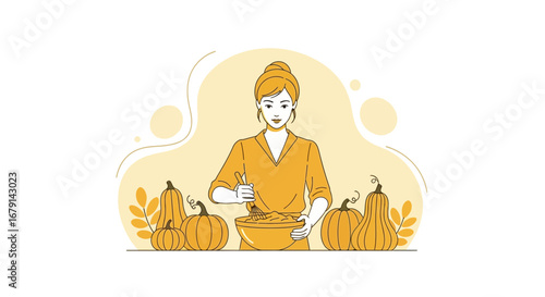 Woman Prepares Autumnal Pumpkin Cuisine With Elegant Stylized Illustration for Seasonal Offerings