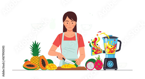Woman Prepares Exotic Fruits to Make a Refreshing Blend in a Modern Kitchen Setting