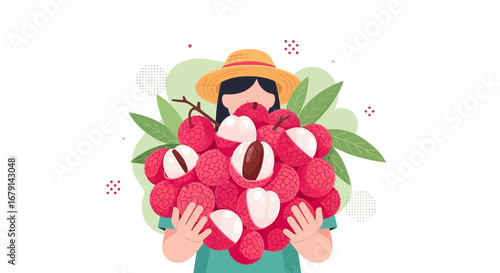 Woman Showcasing Harvest Of Freshly Picked Lychee Fruits In Playful Artistic Illustration