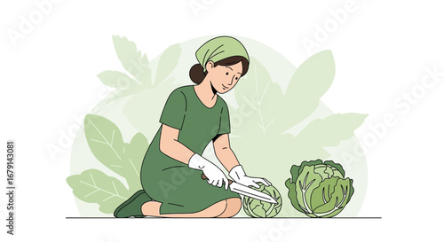 Woman Prepares Fresh Cabbage for a Healthy Meal Against a Green Background