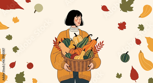 Woman Shows A Basket With Pumpkins And Autumnal Details And Decorations