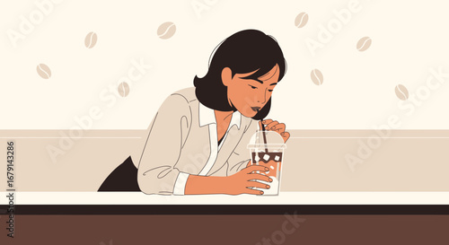 Woman Sipping Iced Coffee, Enjoying Beverage, Relaxed Cafe Setting Illustration Design