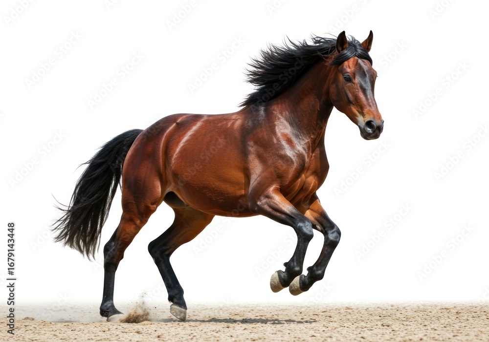 Obraz premium Brown Horse Running on Sandy Ground with Black Mane and Tail in Bright Daylight
