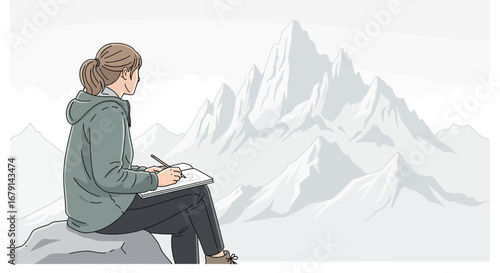 Woman Sketching Mountainous Views With Notebook and Pencil Against a Snowy Scenery