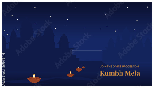 Kumbh Mela Festival Night Scene with Diyas