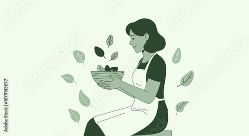 Woman Prepares Fresh Leafy Greens in Minimalist Flat Illustration Style