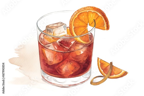 Watercolor Negroni Cocktail with Orange Slice and Peel in a Rocks Glass drink beverage