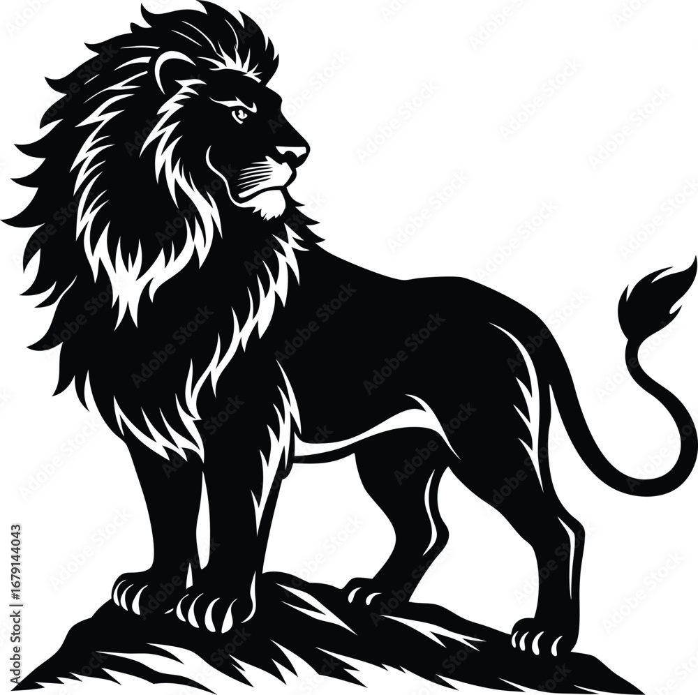 Obraz premium Majestic lion standing proudly on a rocky outcrop silhouette graphic