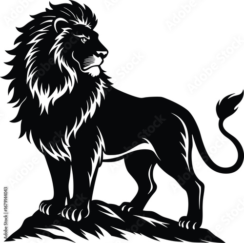 Majestic lion standing proudly on a rocky outcrop silhouette graphic