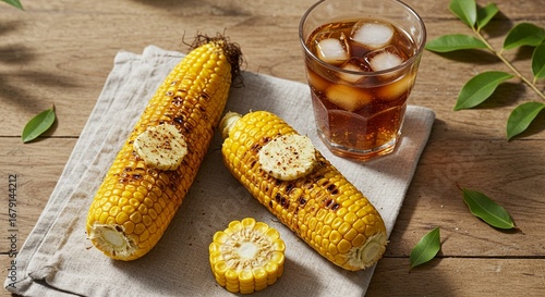 Golden grilled corn on the cob with melting butter and a refreshing iced drink on a rustic wooden table