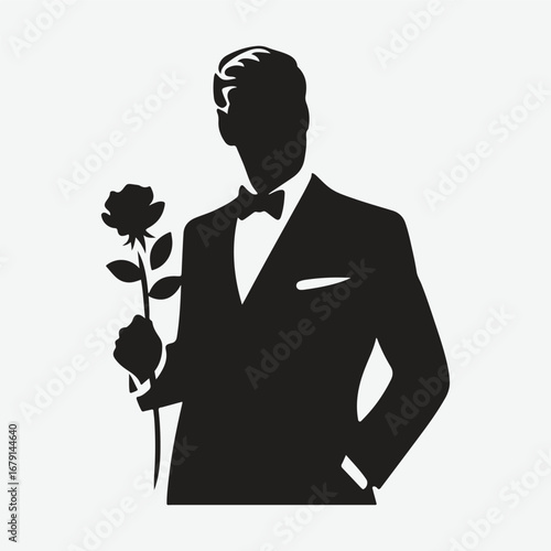 silhouette of a gentleman standing with rose in his hand in bold black