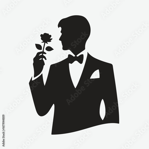 silhouette of a gentleman standing with rose in his hand in bold black