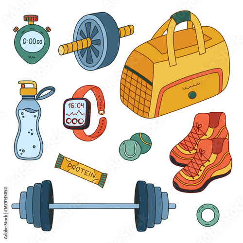 Lovely colored doddle fitness set with different sport inventory. Funny hand drawn athletic, workout collection with gym bag, barbell for weightlifting, press roller, sneakers isolated on background.