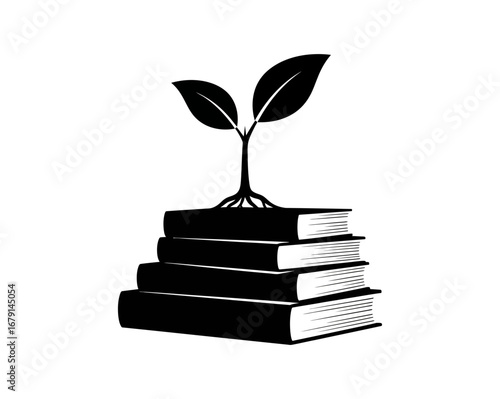 Vector art of stack of books with growing plant