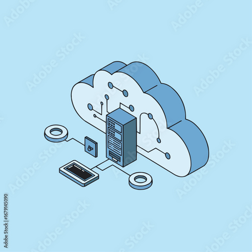 Cloud computing concept: abstract cloud shape made of interconnected servers and data lines, isometric view, flat vector illustration, light blue palette.