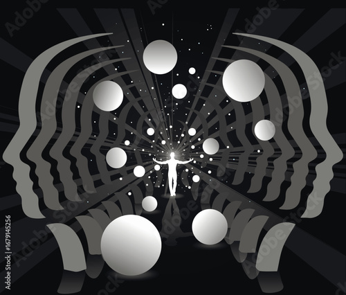 Psychedelic Surreal Head Silhouette. Abstract psychedelic artwork of multiple human head silhouettes facing center with cosmic spheres and glowing energy surreal composition.