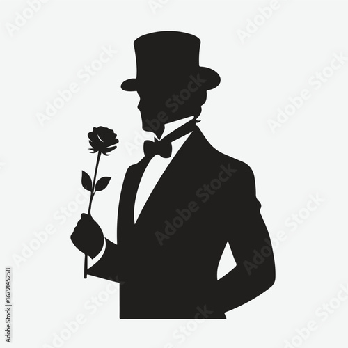 silhouette of a gentleman standing with rose in his hand in bold black