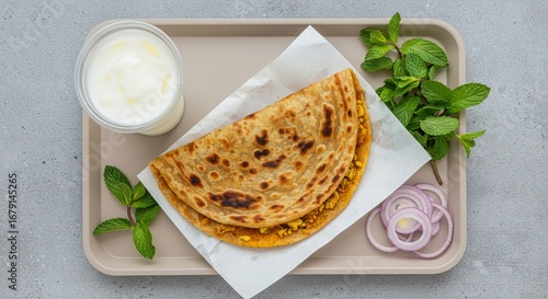 Delicious Indian Paratha with Yogurt and Fresh Mint Leaves