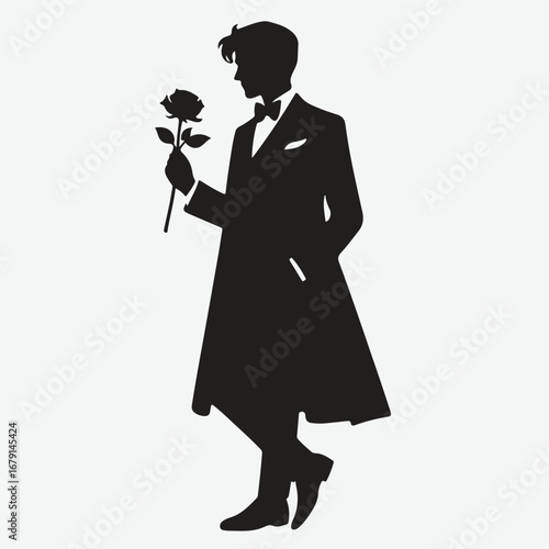 silhouette of a gentleman standing with rose in his hand in bold black