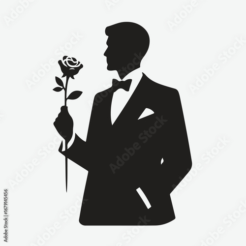 silhouette of a gentleman standing with rose in his hand in bold black