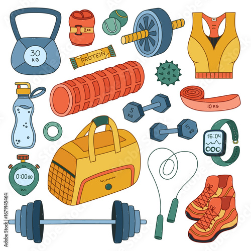 Big colourful doodle fitness set with inventory for pilates, powerlifting, workout. Lovely hand drawn sport collection with heavy dumbbell, barbell, abs and foam roller, sneakers isolated on white.