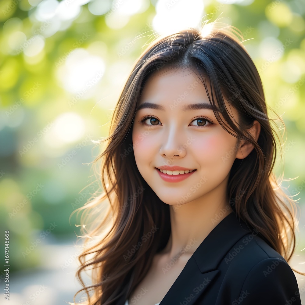 Obraz premium A smiling Korean woman in her 20s looks brightly at the camera outdoors in the sunshine