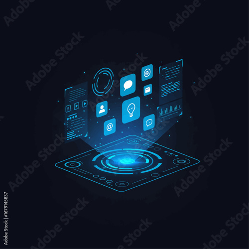 Futuristic hologram technology: a blue glowing holographic screen with touch interface icons floating in air, flat design, dark background.