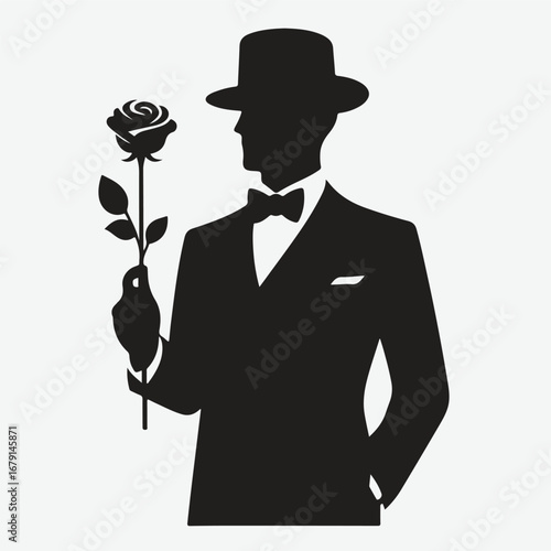silhouette of a gentleman standing with rose in his hand in bold black