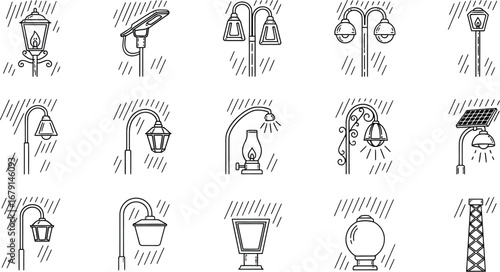 Street light icons isolated on a white background showing different styles of streetlights, including modern, vintage, and solar-powered