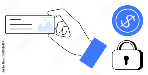 Hand holding ID card with photo and text, blue dollar sign in circle, and secure padlock. Ideal for identity, finance, authentication, safety, online payment, privacy simple flat metaphor