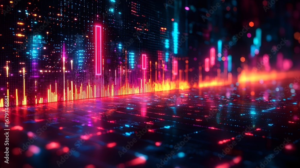 Fototapeta premium Dynamic digital bars in vibrant neon colors illustrate abstract data trends resembling a futuristic financial market graph