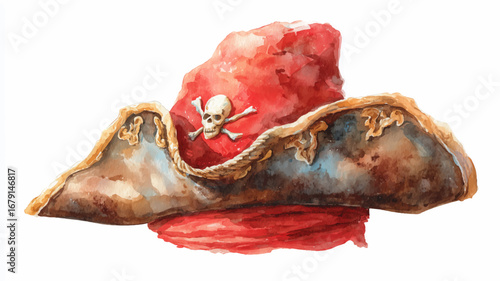 Vector illustration of pirate captain's hat on a white background, watercolor painting.