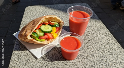 Fresh Vegetable Pita Pocket and Tomato Juice A Healthy and Delicious Meal