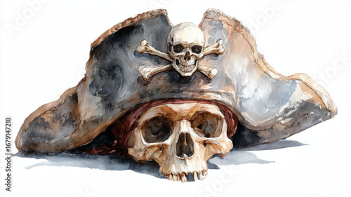 Vector illustration of pirate captain's hat on a white background, watercolor painting.