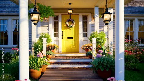 Front porch of charming suburban house with yellow door decorated with flowers and bright welcoming garden